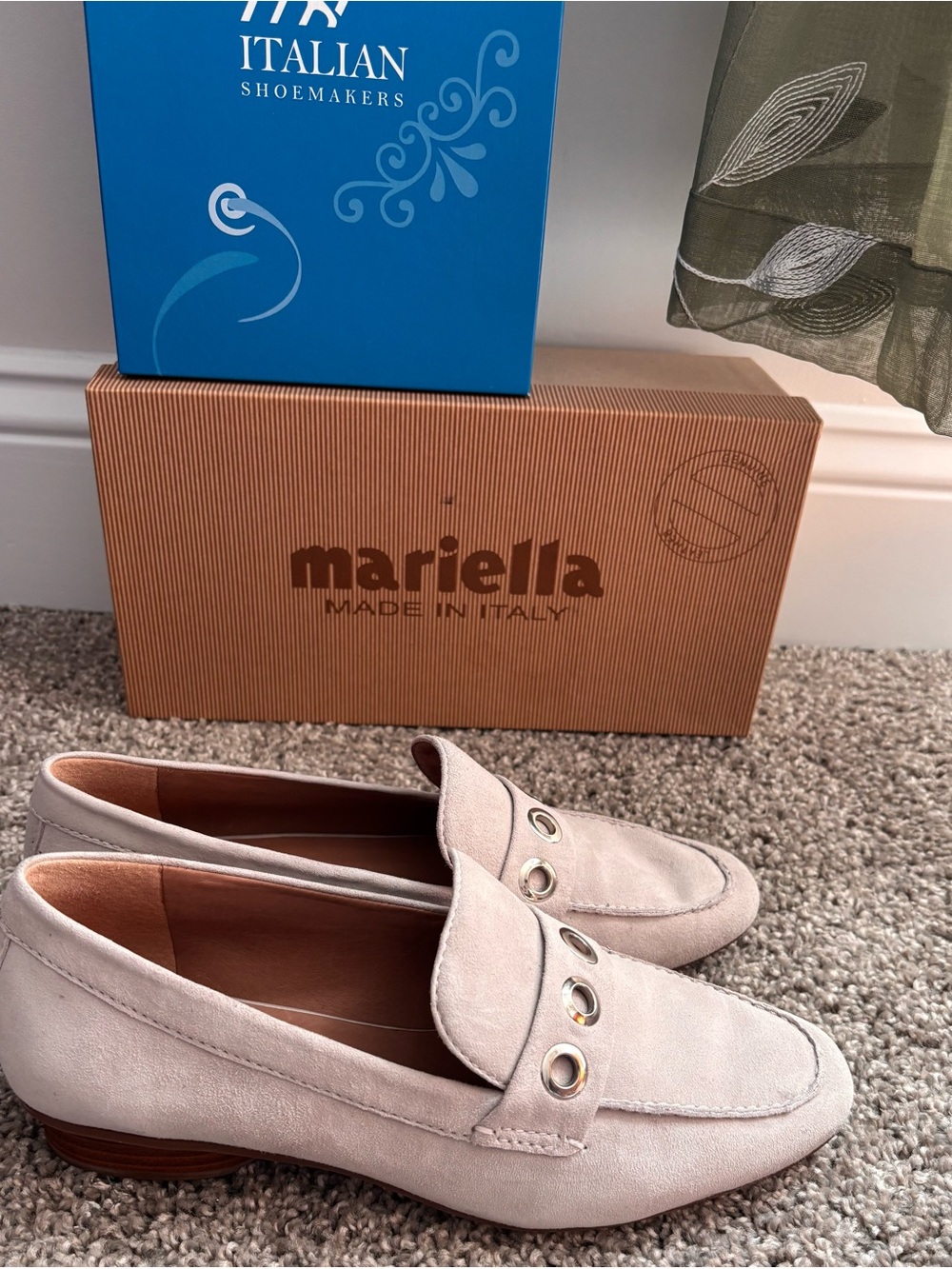 Bernardo Beige Suede Loafers with Metal Eyelet Accent